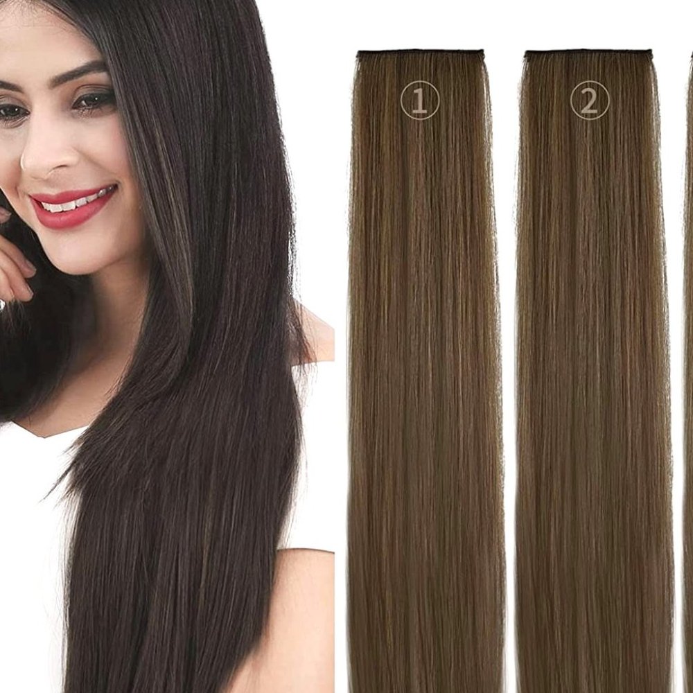 Reecho Clip In Hair Extensions Straight Medium Ash Brown 28 " 2 Piece Set New